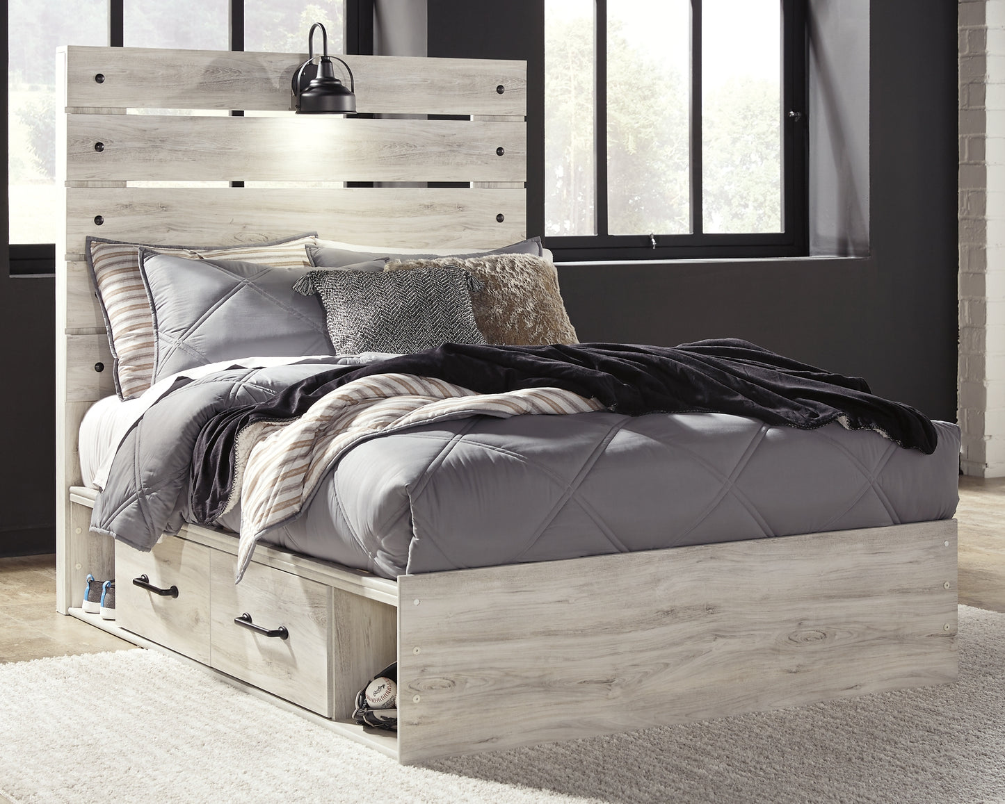Cambeck Panel Bed With 2 Storage Drawers With Mirrored Dresser