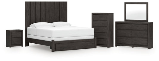 Fraluna King Panel Storage Bed with Mirrored Dresser, Chest and Nightstand