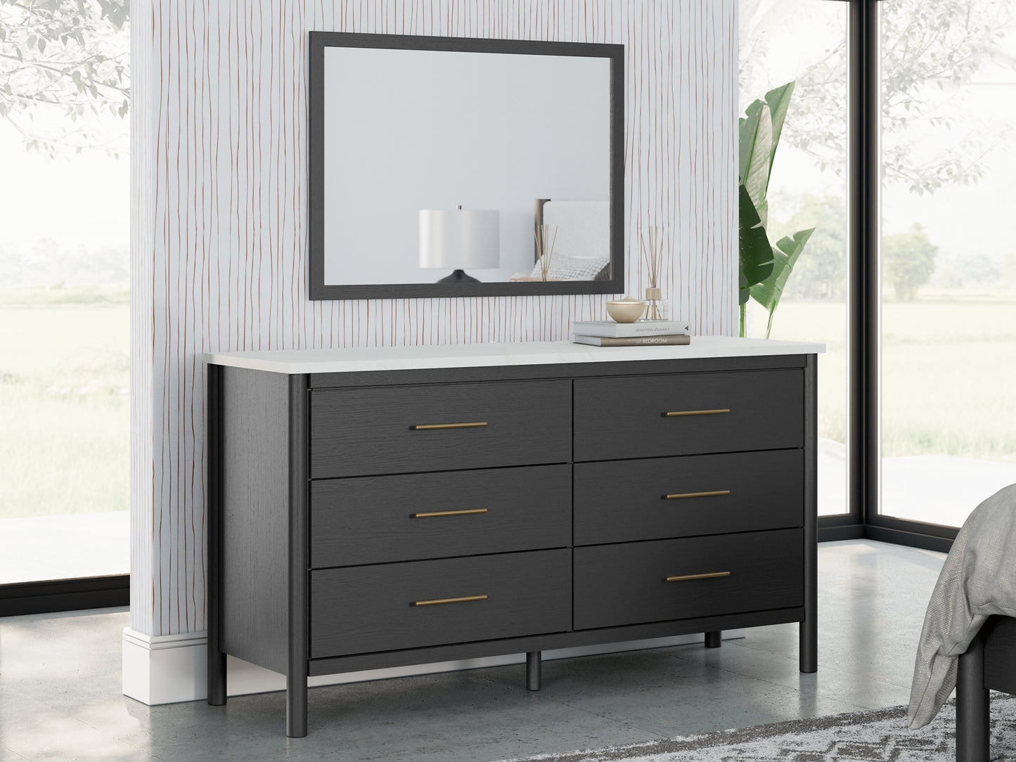 Cadmori Full Upholstered Panel Bed, Dresser, Mirror and Nightstand