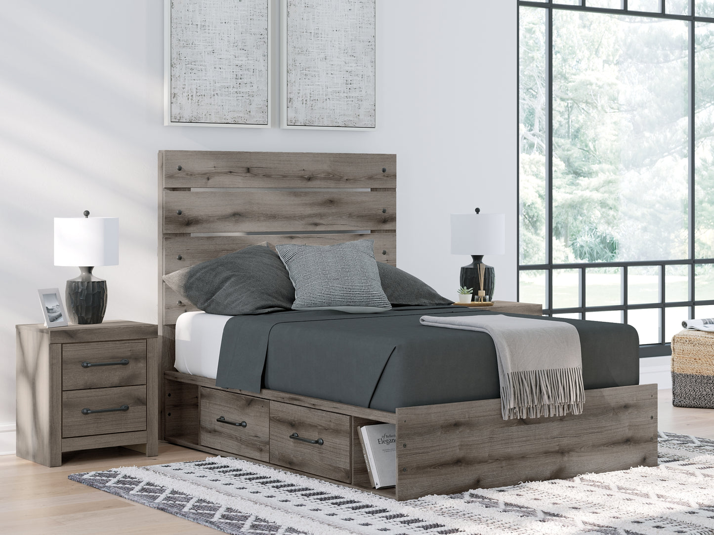 Graystorm Full Panel Bed with Storage, Dresser and Mirror