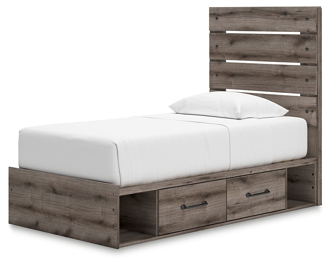 Graystorm Twin Panel Bed with Storage, Dresser and Mirror