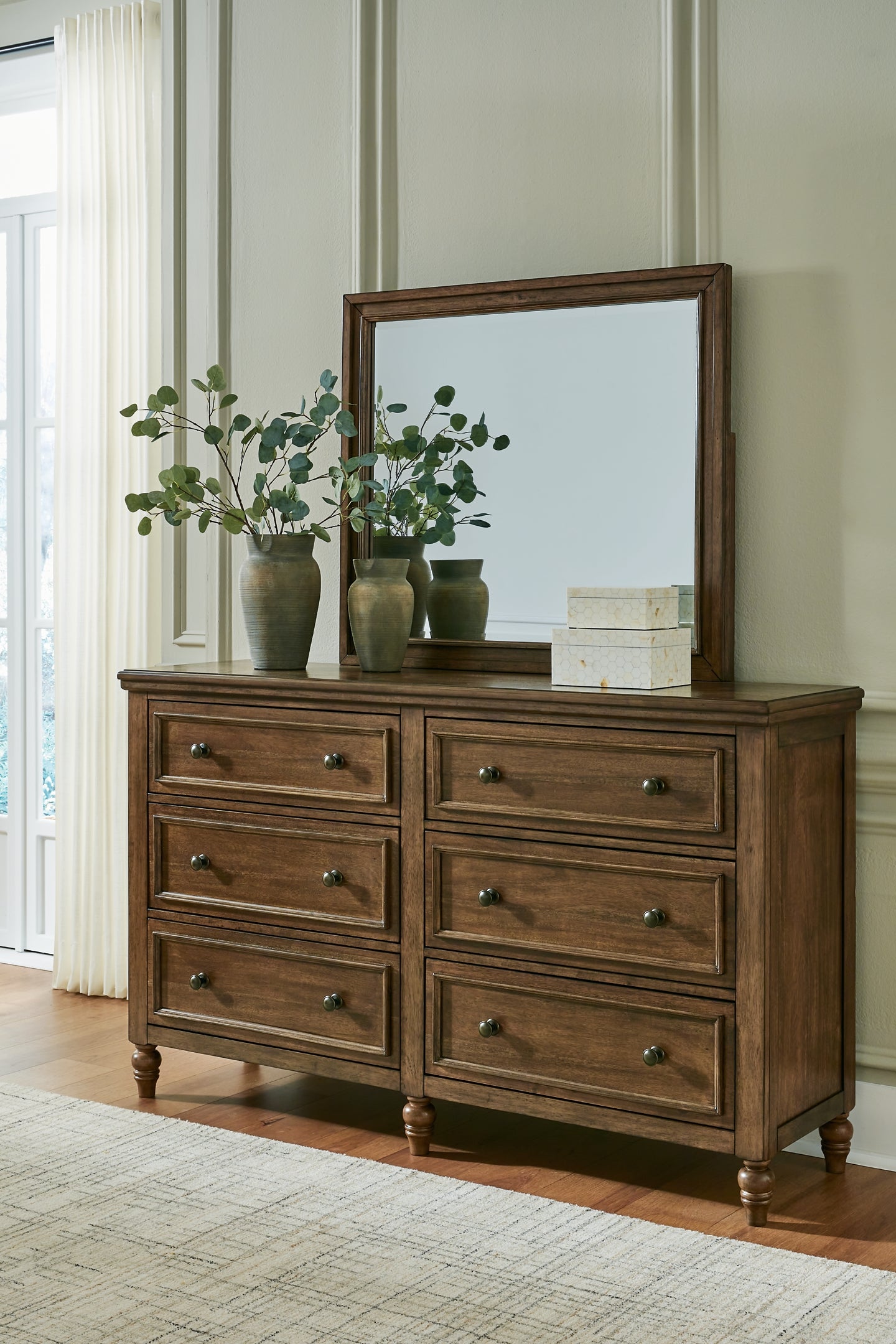 Sturlayne King Upholstered Panel Bed, Dresser and Mirror