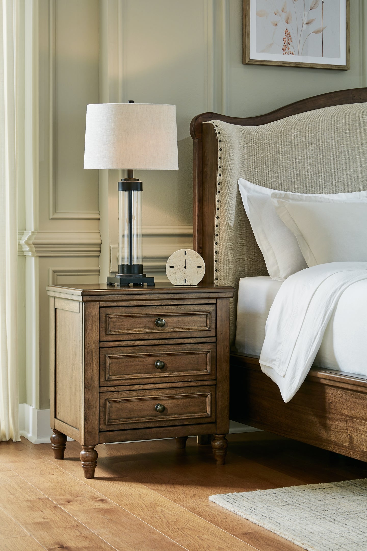 Sturlayne King Upholstered Panel Bed, Dresser, Mirror and Nightstand