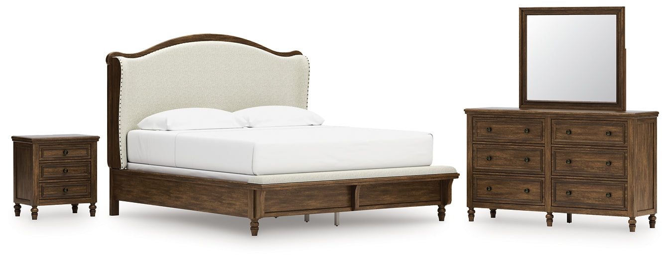 Sturlayne King Upholstered Panel Bed, Dresser, Mirror and Nightstand