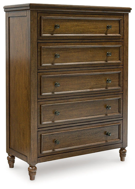 Sturlayne California King Upholstered Panel Bed, Dresser, Mirror, Chest and Nightstand