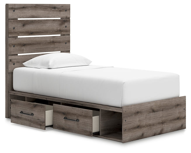 Graystorm Twin Panel Bed with Storage, Dresser, Mirror and Nightstand