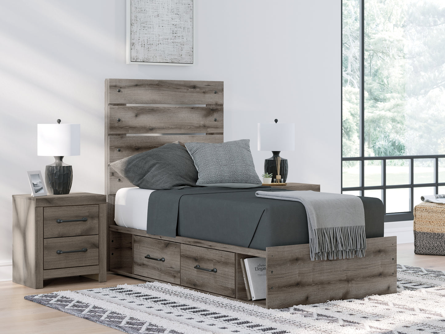 Graystorm Twin Panel Bed with Storage, Dresser, Mirror and Nightstand