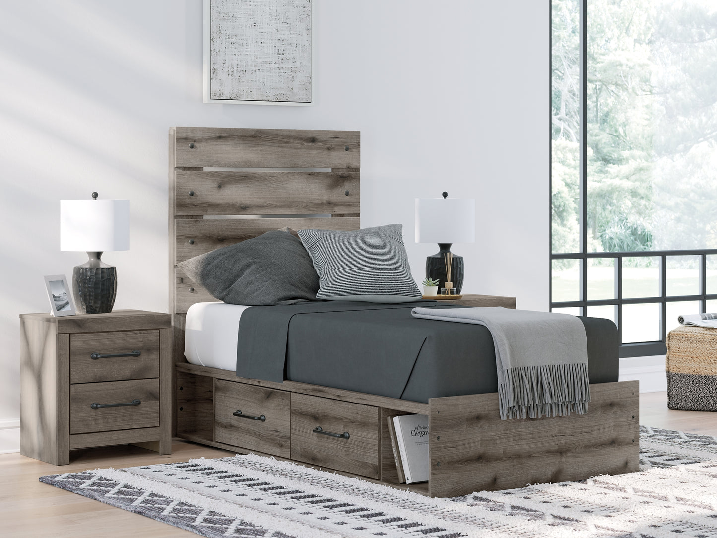 Graystorm Twin Panel Storage Bed, Dresser, Mirror, Chest and Nightstand