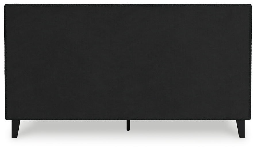 Cadmori King Upholstered Bed with Roll Slats, Dresser and Mirror