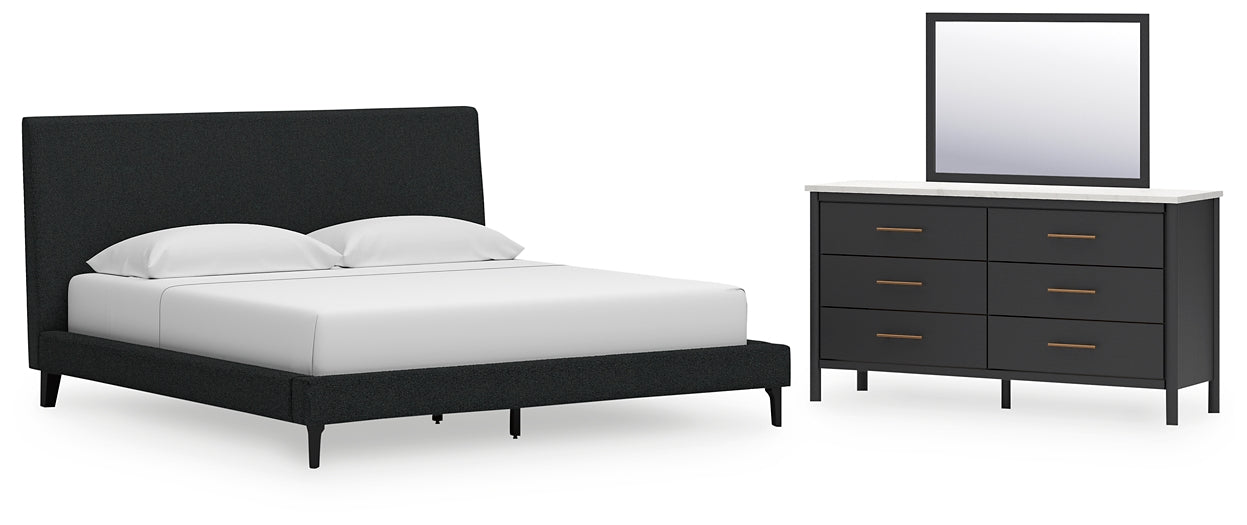 Cadmori King Upholstered Bed with Roll Slats, Dresser and Mirror