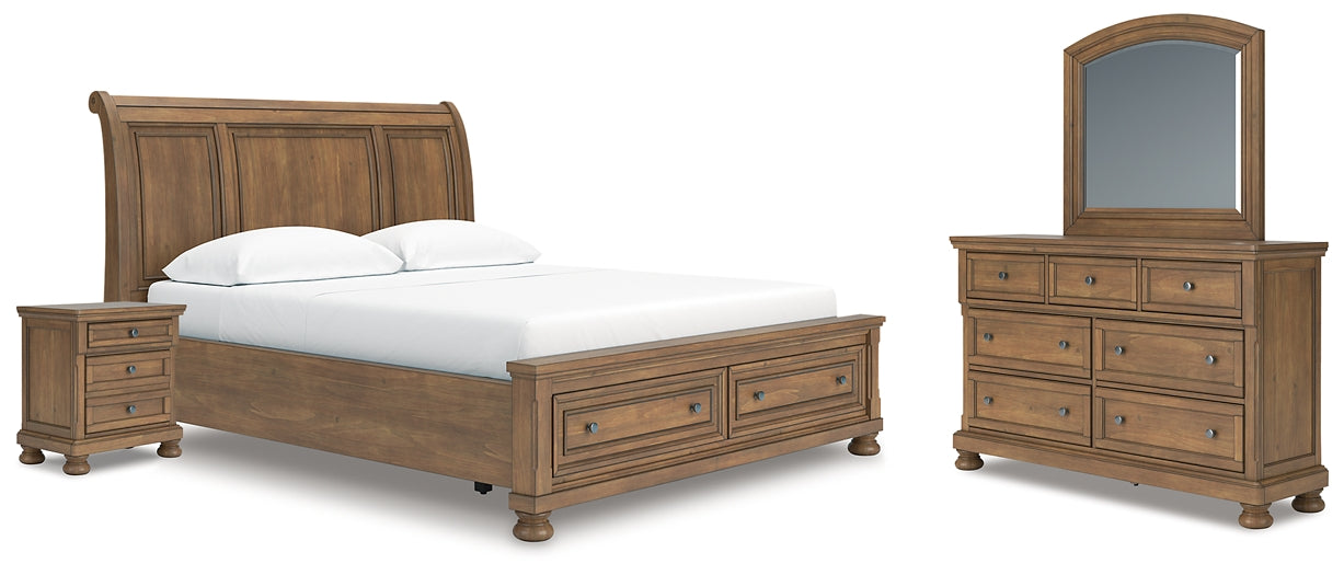 Feddinger California King Storage Sleigh Bed with Mirrored Dresser and Nightstand