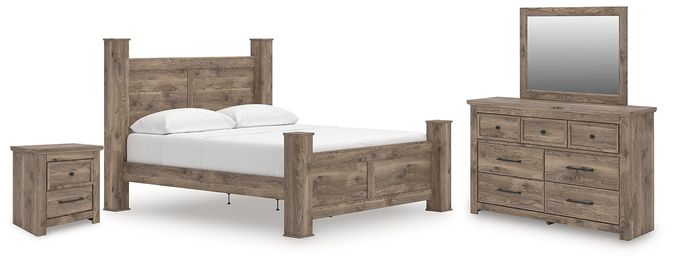 Rusticott California King Poster Bed with Mirrored Dresser and Nightstand