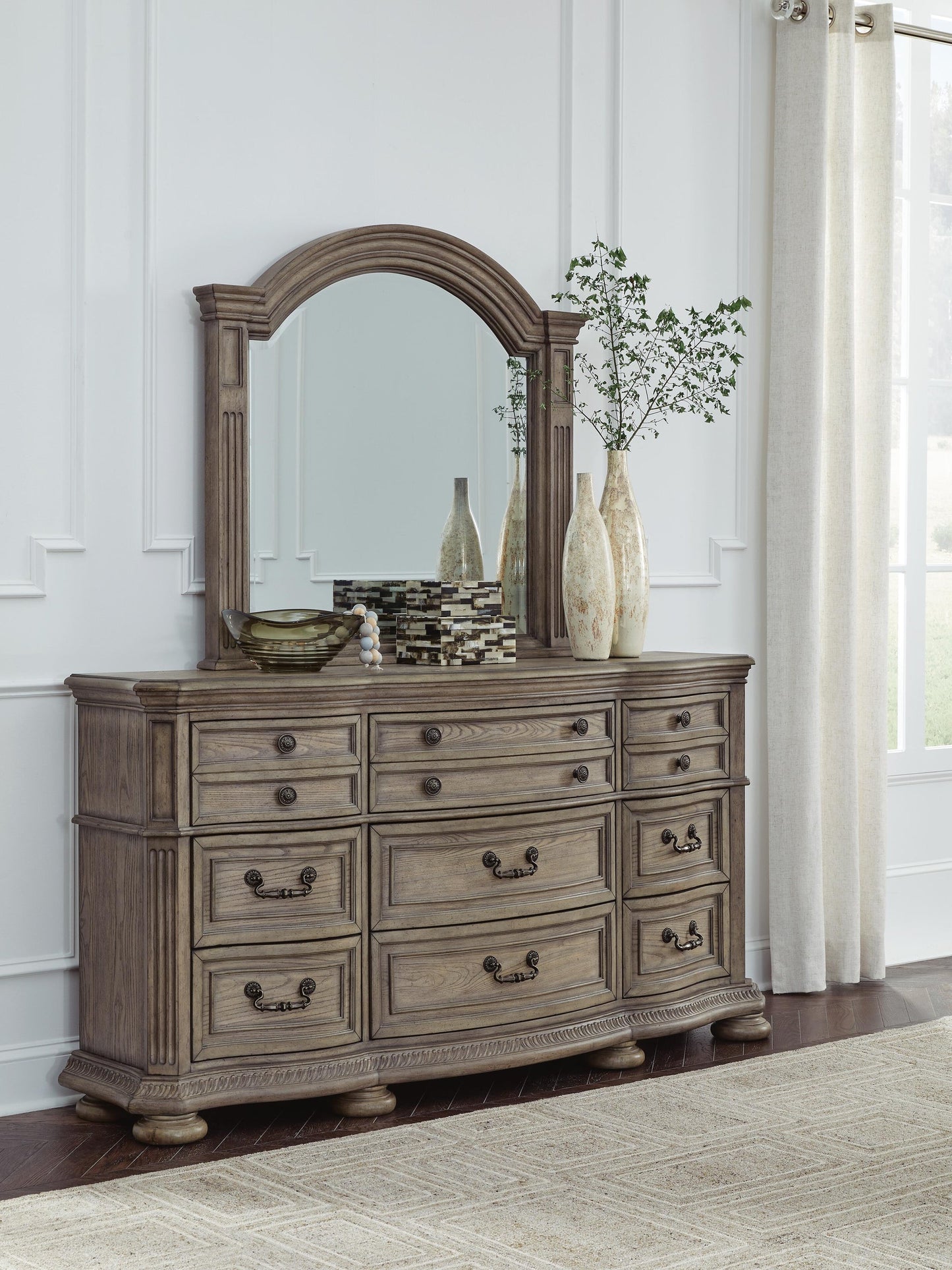 Ardenfield King Upholstered Sleigh Bed, Dresser, Mirror, Chest and Nightstand