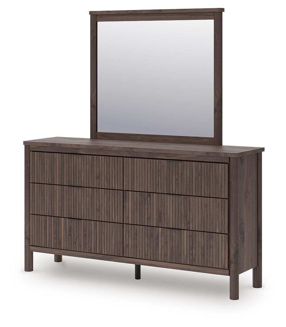 Pamytta Twin Upholstered Panel Platform Bed, Dresser and Mirror