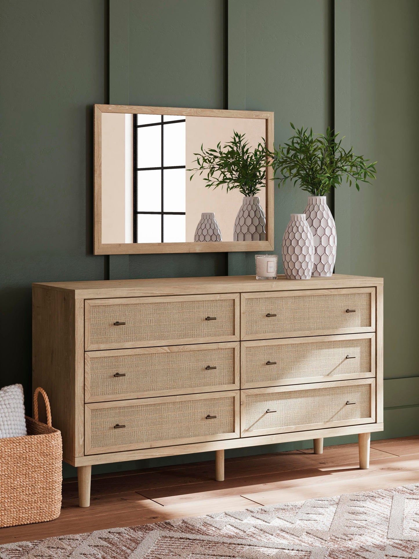 Cielden Queen Upholstered Bed with Roll Slats, Dresser and Mirror