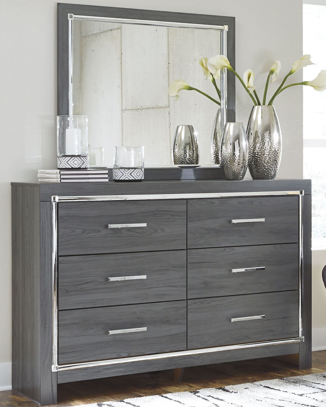 Lodanna Full Upholstered Panel Headboard with Mirrored Dresser, Chest and Nightstand