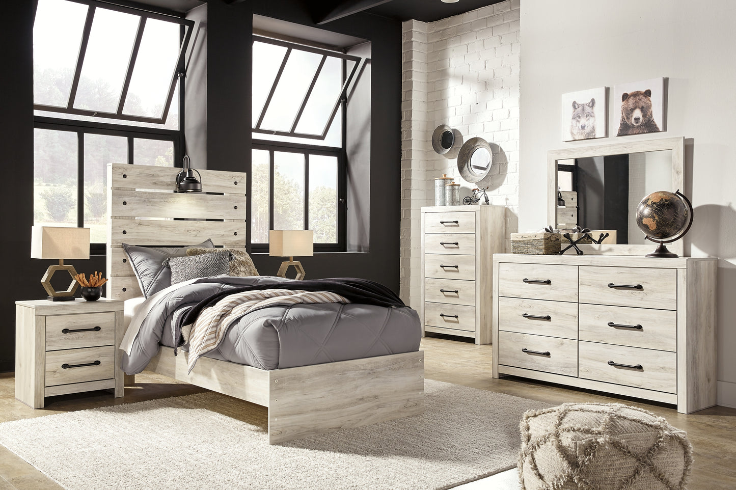 Cambeck Twin Panel Bed with Mirrored Dresser, Chest and 2 Nightstands