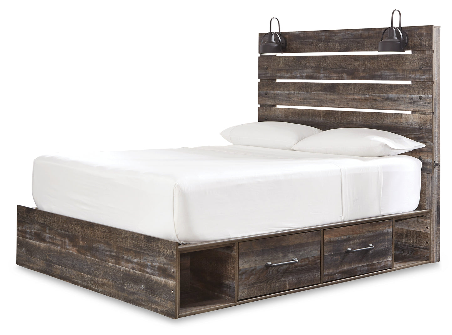 Drystan Queen Panel Bed with 2 Storage Drawers with Mirrored Dresser and 2 Nightstands