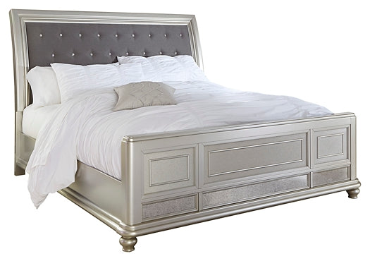 Coralayne King Upholstered Sleigh Bed with Mirrored Dresser and 2 Nightstands